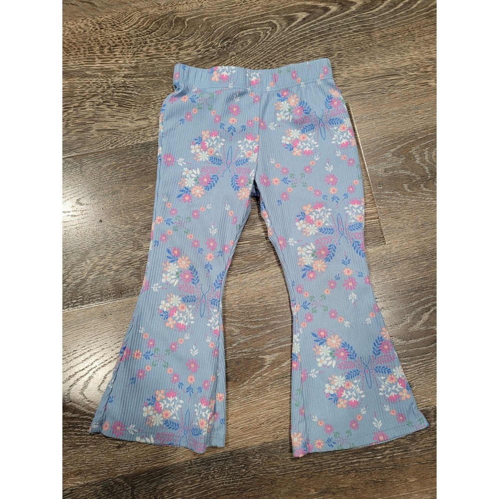 btween Toddler Girls Blue Floral Ribbed Knit Flare Bell Bottom Pants 2T Boho #10